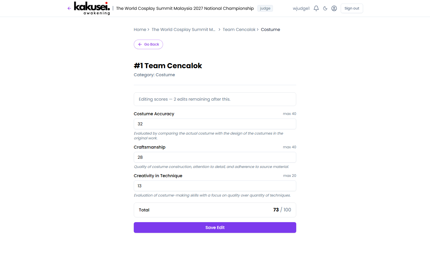 Kakusei judge scoring interface with structured scoring categories, defined point allocations, and real-time totals