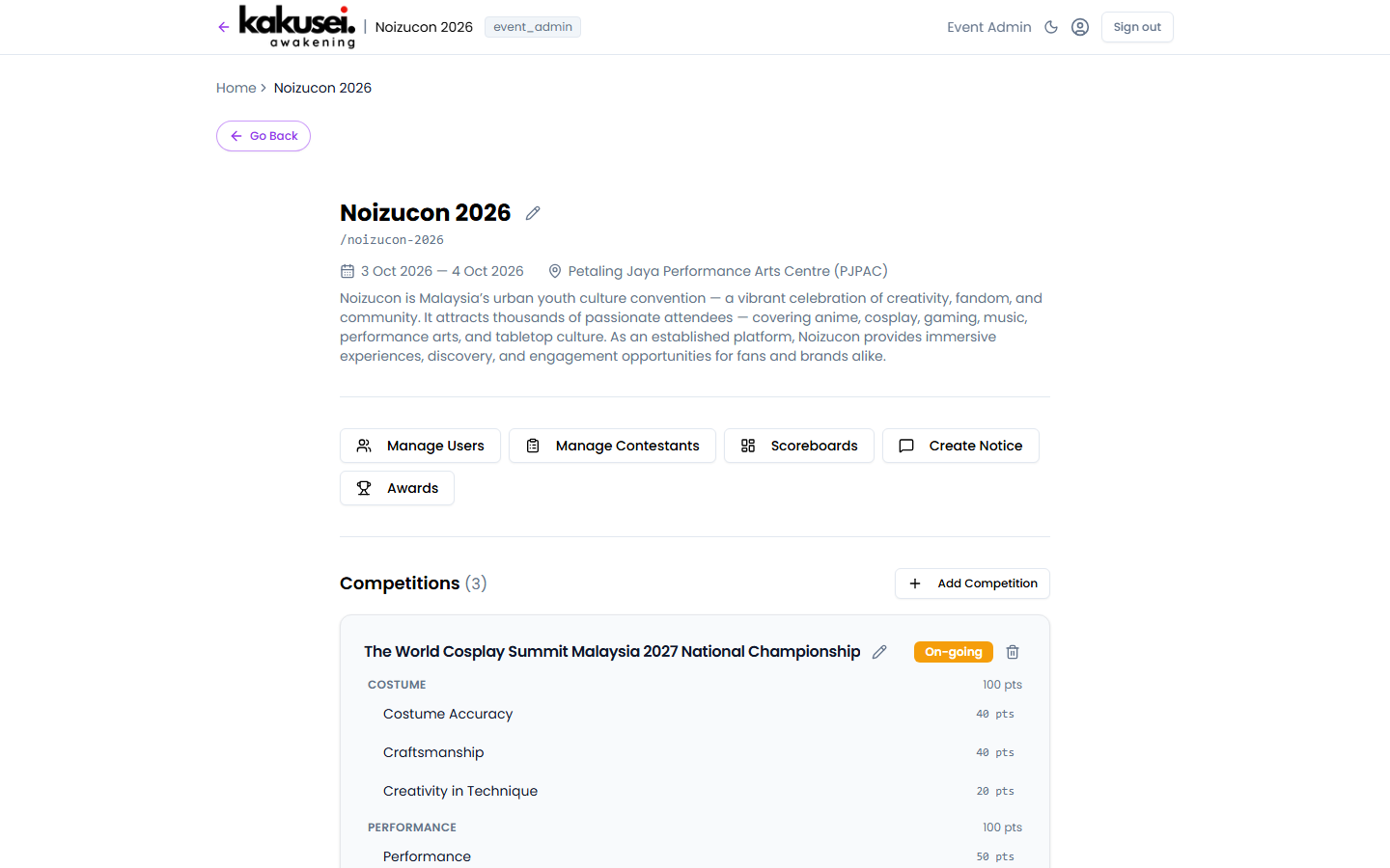 Kakusei competition management admin dashboard showing event configuration and role assignment